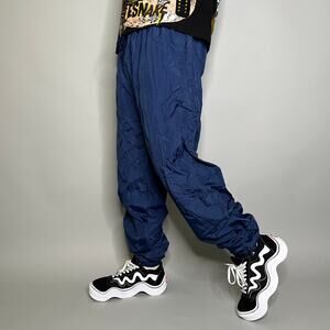 Vintage 90s Track Pants Mens L Navy Blue Nylon Joggers Elastic Ankle Zippers